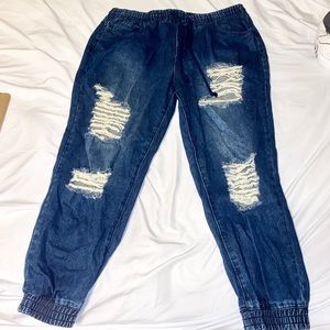 Distressed denim joggers